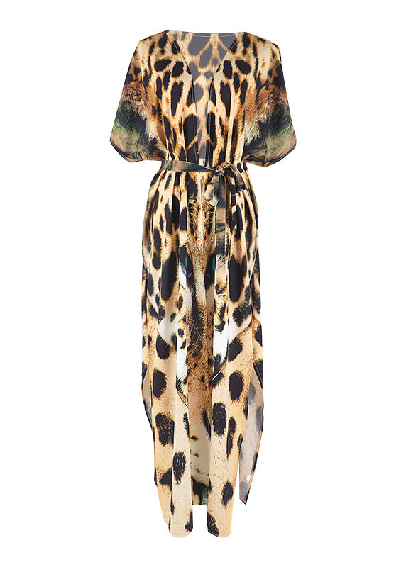 Modern Leopard V Neck Print Tie Waist Long Smock Summer LY3031 - fabuloryshop