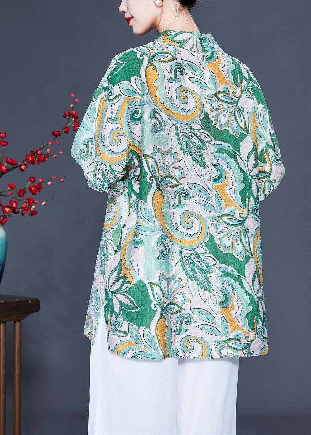 Modern Light Green Oversized Print Silk Shirt Tops Spring LY0924 - fabuloryshop