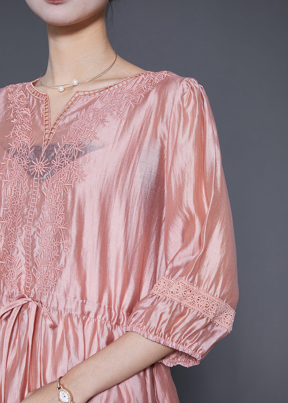 Modern Pink Embroideried Cinched Silk Holiday Dress Summer Ada Fashion