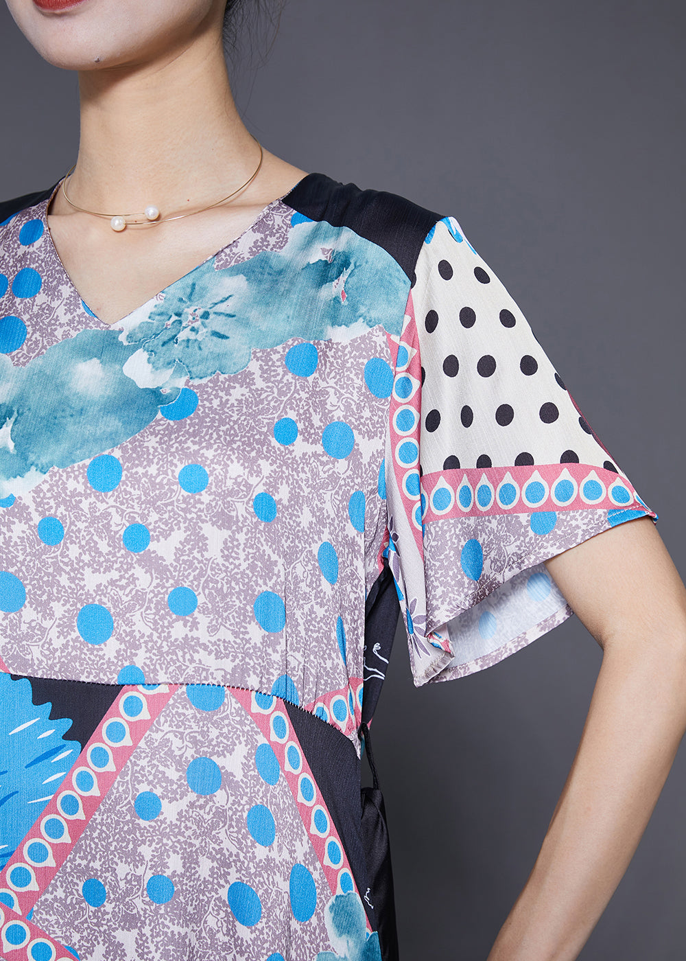Modern V Neck Ruffles Patchwork Print Silk Dress Summer Ada Fashion