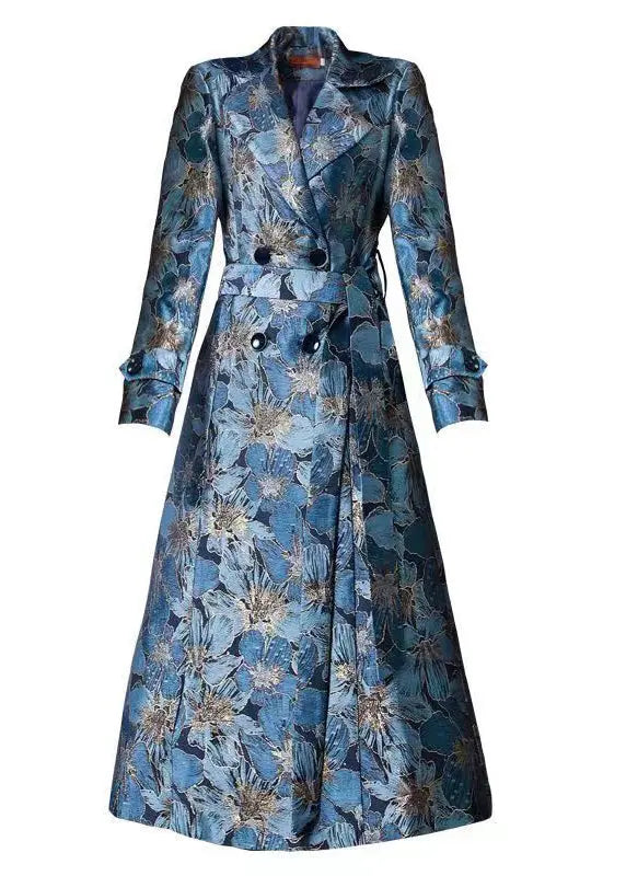 Natural Blue Double Breast Jacquard Pockets Patchwork Cotton Trench Fall Ada Fashion