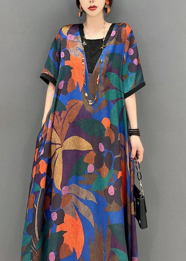 Natural Colorblock V Neck Print Patchwork Cotton Dress Short Sleeve LC0335 - fabuloryshop