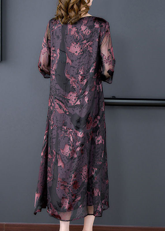 Natural Dark Purple O Neck Print Patchwork Silk Dress Summer LY4601 - fabuloryshop