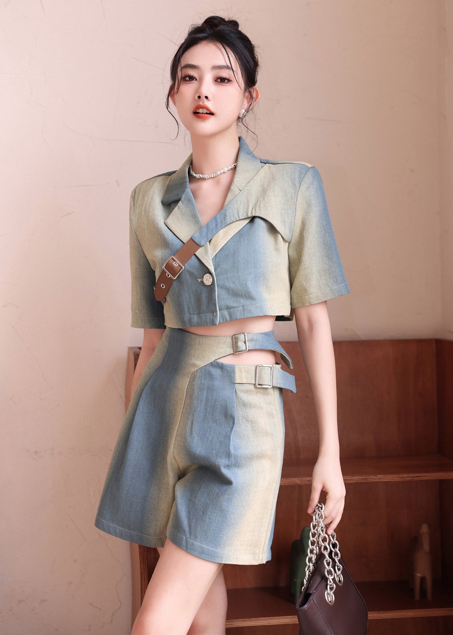Natural Gradient Color Asymmetrical Denim Tops And Shorts 2 Piece Outfit Summer Ada Fashion