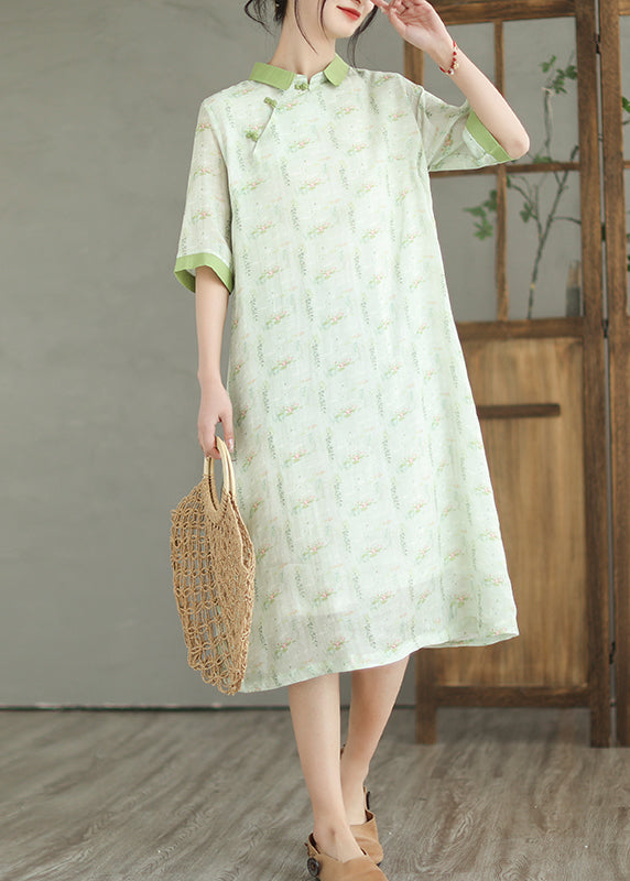 Natural Mint Green Peter Pan Collar Print Linen Dress Half Sleeve Ada Fashion