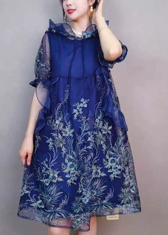 Natural Navy Hooded Ruffled Embroideried Patchwork Tulle Mid Dress Summer LY7377 - fabuloryshop