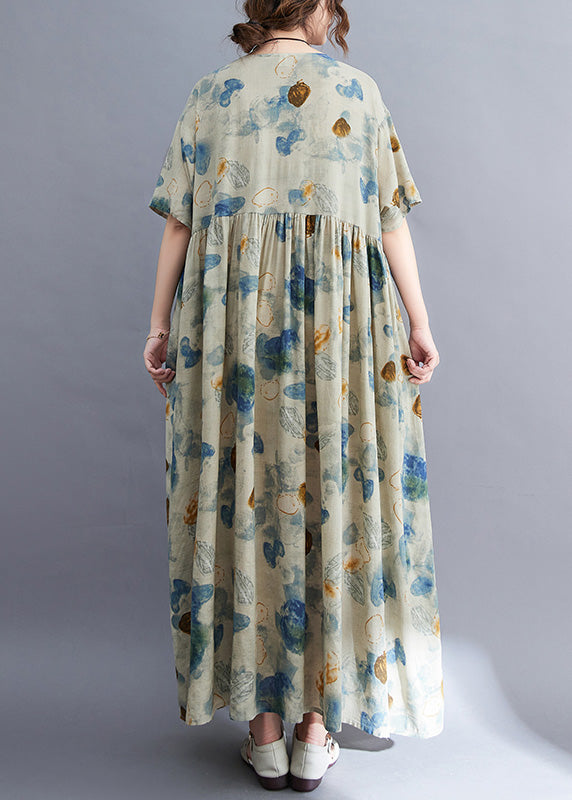 Natural O-Neck Print Wrinkled Long Dress Summer Ada Fashion