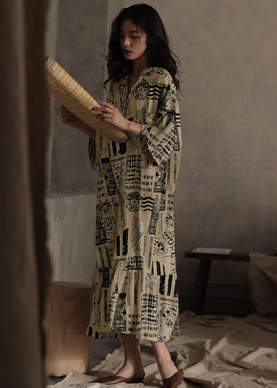 Natural Peter Pan Collar Print Ice Silk Long Dress Spring TO1056 - fabuloryshop