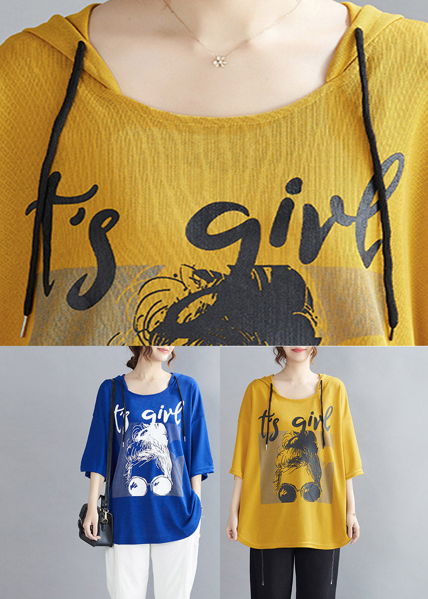 Natural Yellow Print Cotton Hooded Top Half Sleeve LY3934 - fabuloryshop