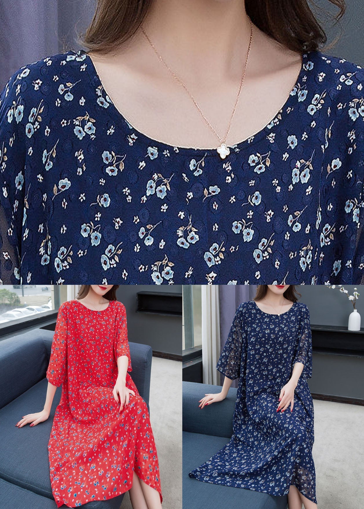 Navy Print Patchwork Loose Chiffon Dresses O Neck Summer Ada Fashion