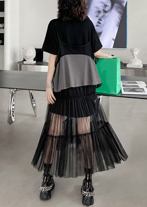 New Black O-Neck Print Wrinkled Tulle Patchwork Two Pieces Set Summer Ada Fashion
