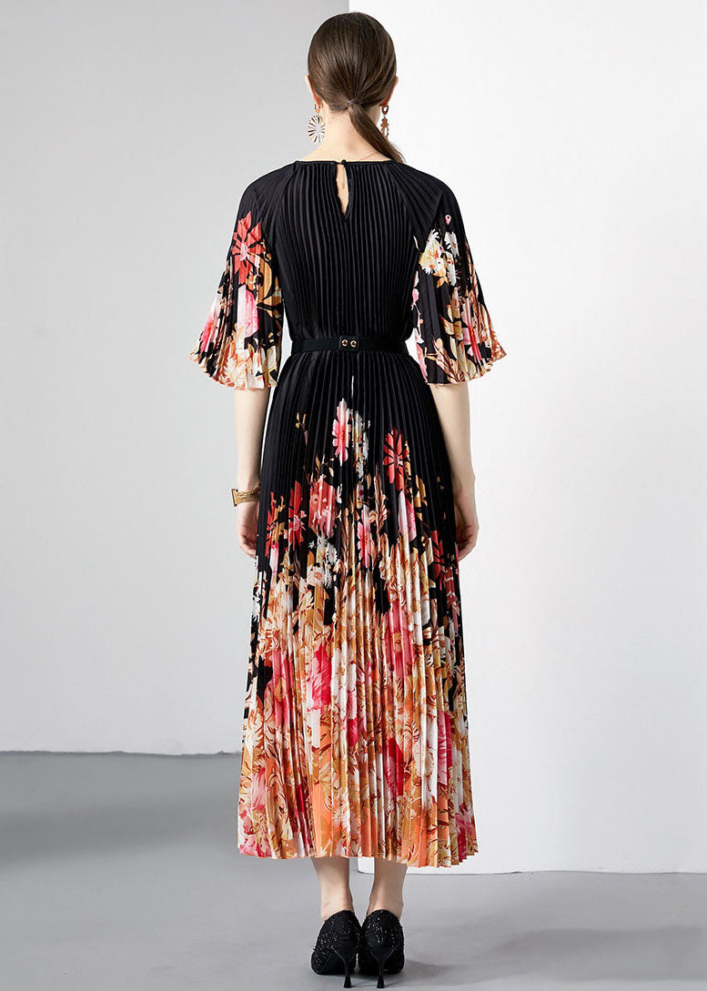 New Black Print Wrinkled Loose Patchwork Loose Chiffon Long Dresses Half Sleeve LY7450 - fabuloryshop