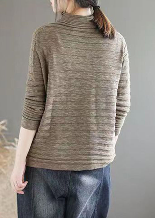 New Dark Khaki Turtleneck Patchwork Knitting Cotton Long Sleeve Ada Fashion