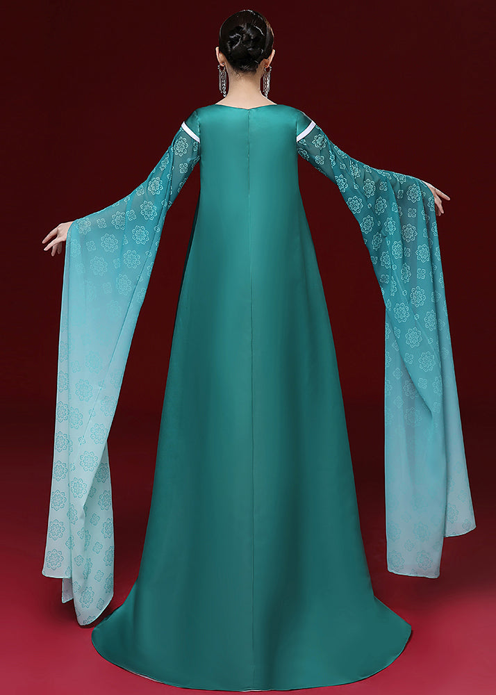 New Green Gradient Printed Pleated Chiffon Dress Set With Long Sleeves Ada Fashion