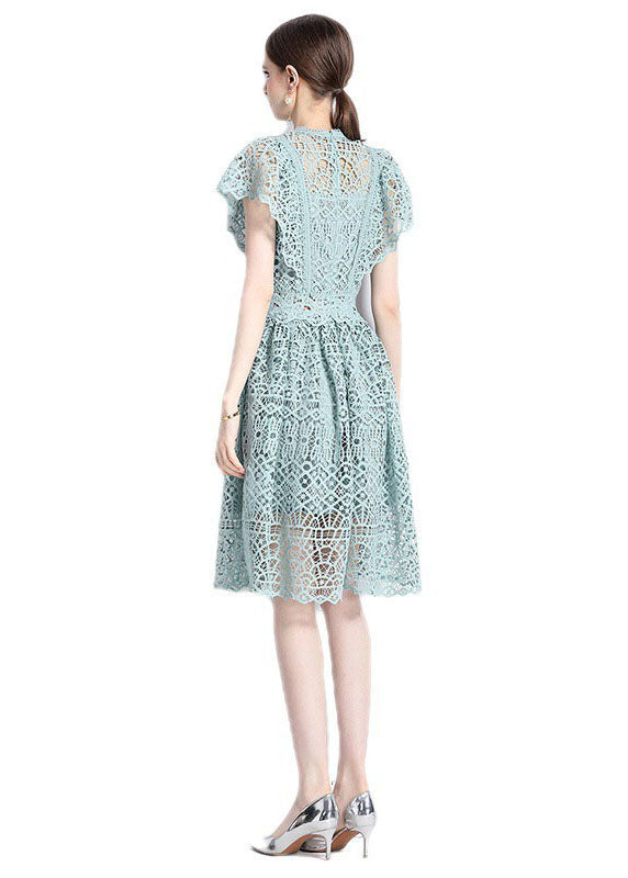 New Hollow Out Embroideried Wrinkled Patchwork Lace Mid Dress Butterfly Sleeve LY7462 - fabuloryshop