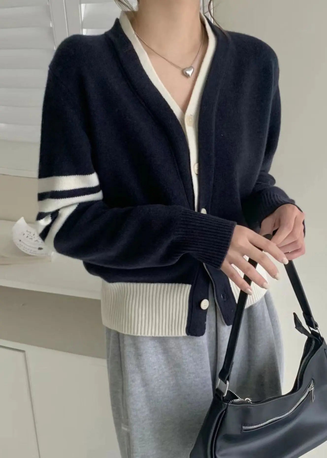 New Navy Button False Two Pieces Cotton Knit Coats Fall Ada Fashion