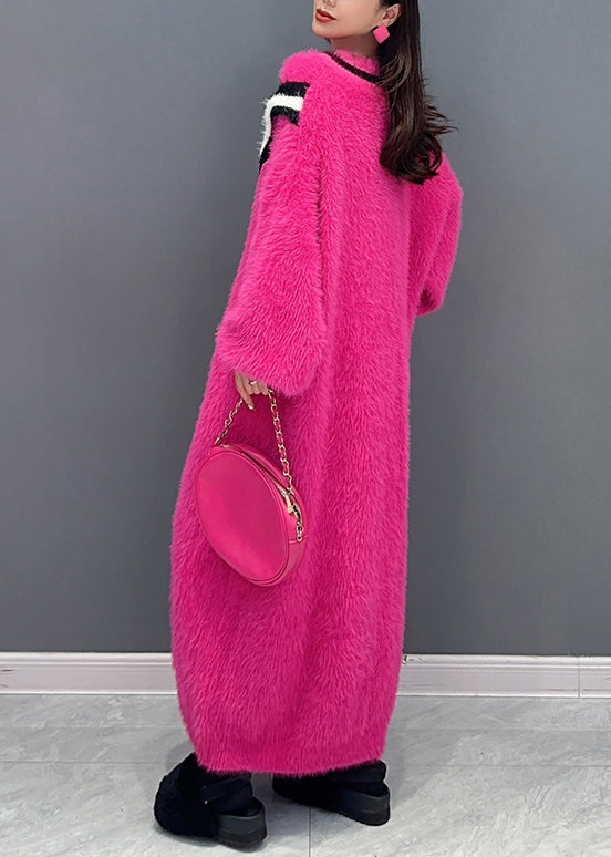 New Rose V Neck Patchwork Mink Velvet Maxi Dresses Long Sleeve Ada Fashion