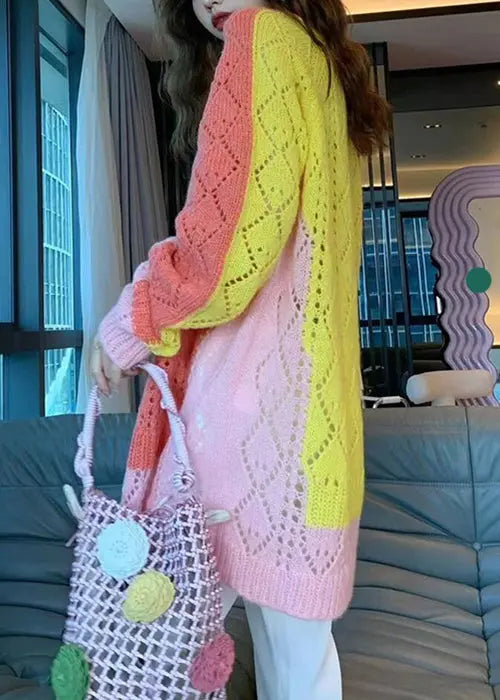 Novelty Colorblock O Neck Hollow Out Cotton Knit Sweaters Fall Ada Fashion