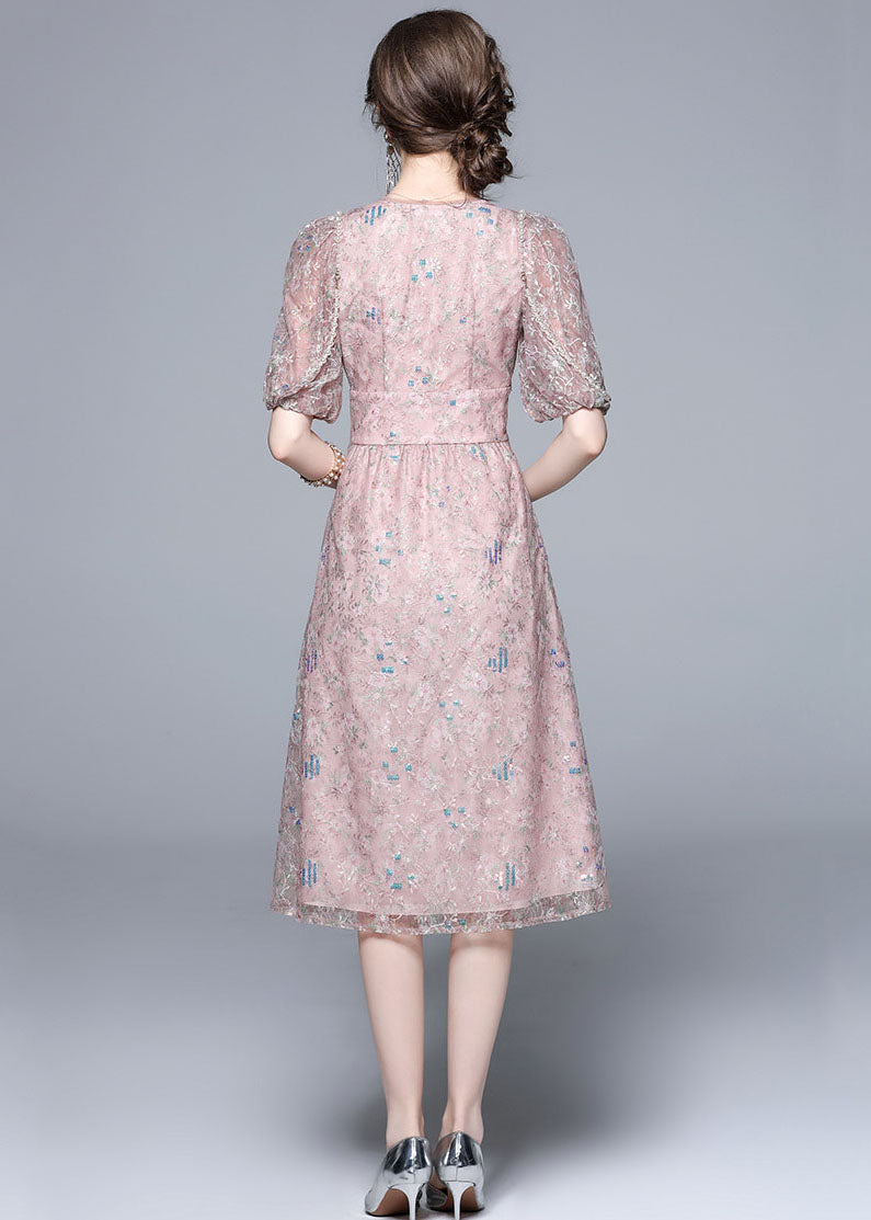Novelty Pink Embroideried Sequins Patchwork Tulle Dress Puff Sleeve LY7416 - fabuloryshop