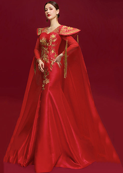 Novelty Red Tasseled Embroideried Patchwork Silk Party Dress Fall Ada Fashion