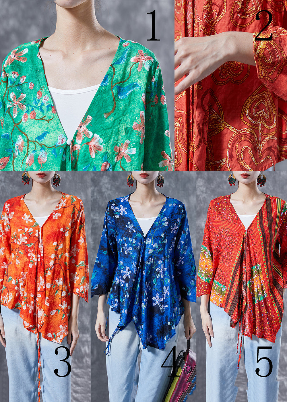 Orange Patchwork Cotton Blouse Top Oversized Lace Up Bracelet Sleeve LY4047 - fabuloryshop