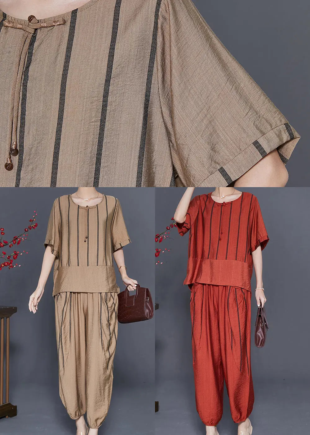Orange Patchwork Linen Two Pieces Set Tassel Striped Summer Ada Fashion