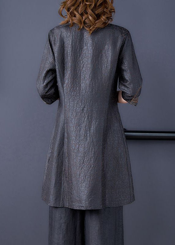 Organic Black Stand Collar Embroideried Silk Tops Summer LY2238 - fabuloryshop