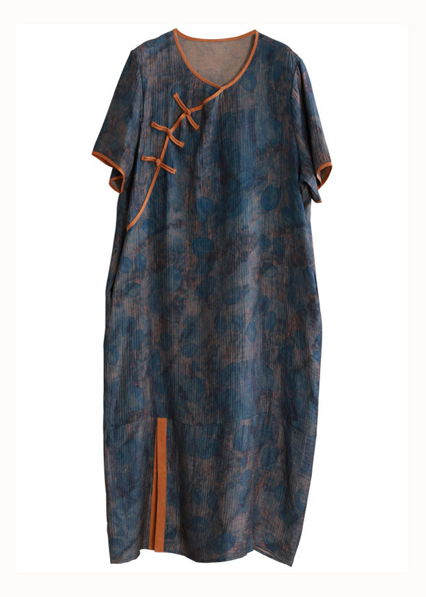 Organic Blue O Neck Print Chinese Button Patchwork Silk Dress Summer LY5164 - fabuloryshop