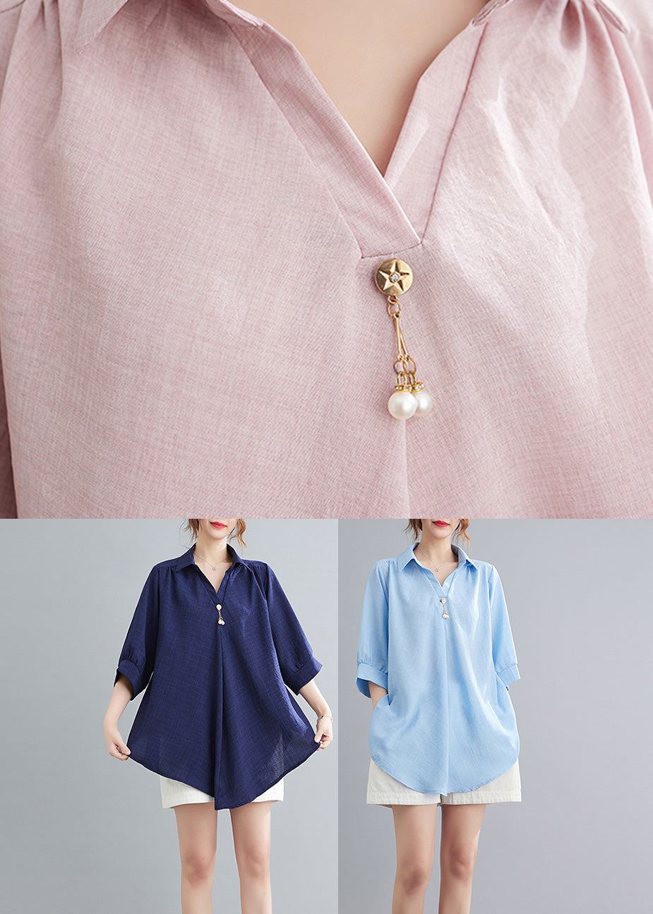 Organic Light Blue Peter Pan Collar Linen Tops Summer LY6014 - fabuloryshop
