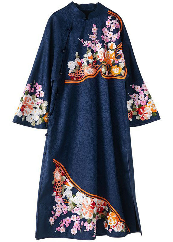 Original Design Navy Embroideried Jacquard Silk Chinese Style Dress Vestidos Spring LY1684 - fabuloryshop