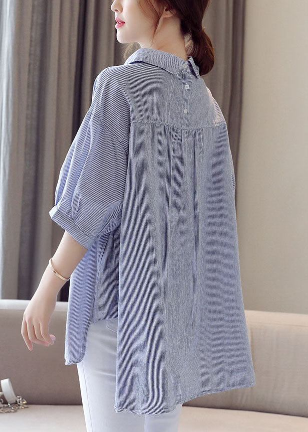 Oversized Blue Peter Pan Collar Striped Pockets Patchwork Cotton Shirts Top Summer Ada Fashion