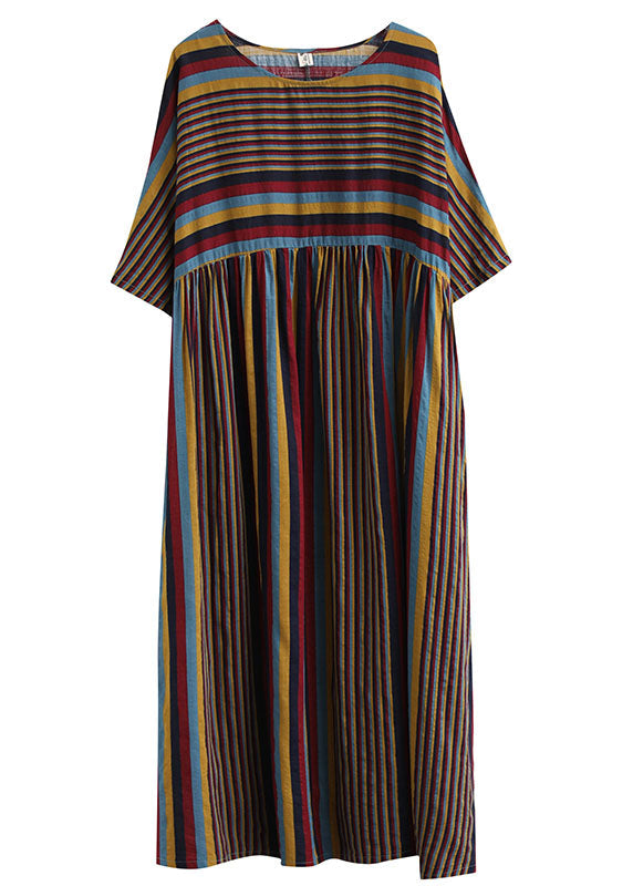 Oversized Coffee Striped O Neck Wrinkled Patchwork Cotton Dresses Summer LY5312 - fabuloryshop