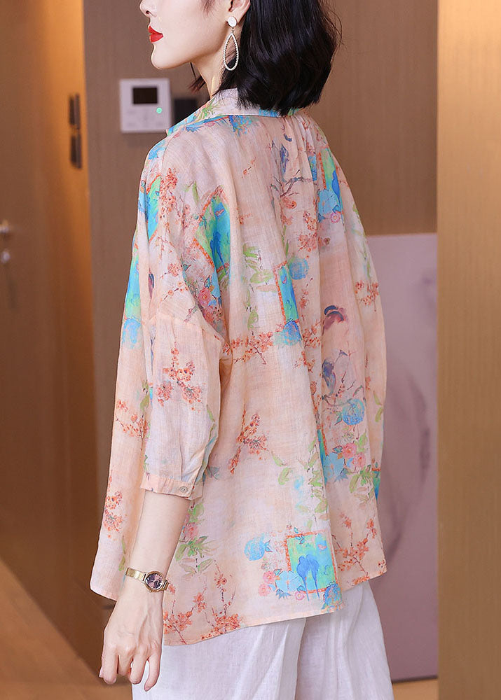 Oversized Pink Peter Pan Collar Print Patchwork Linen Shirt Tops Summer TP1046 - fabuloryshop