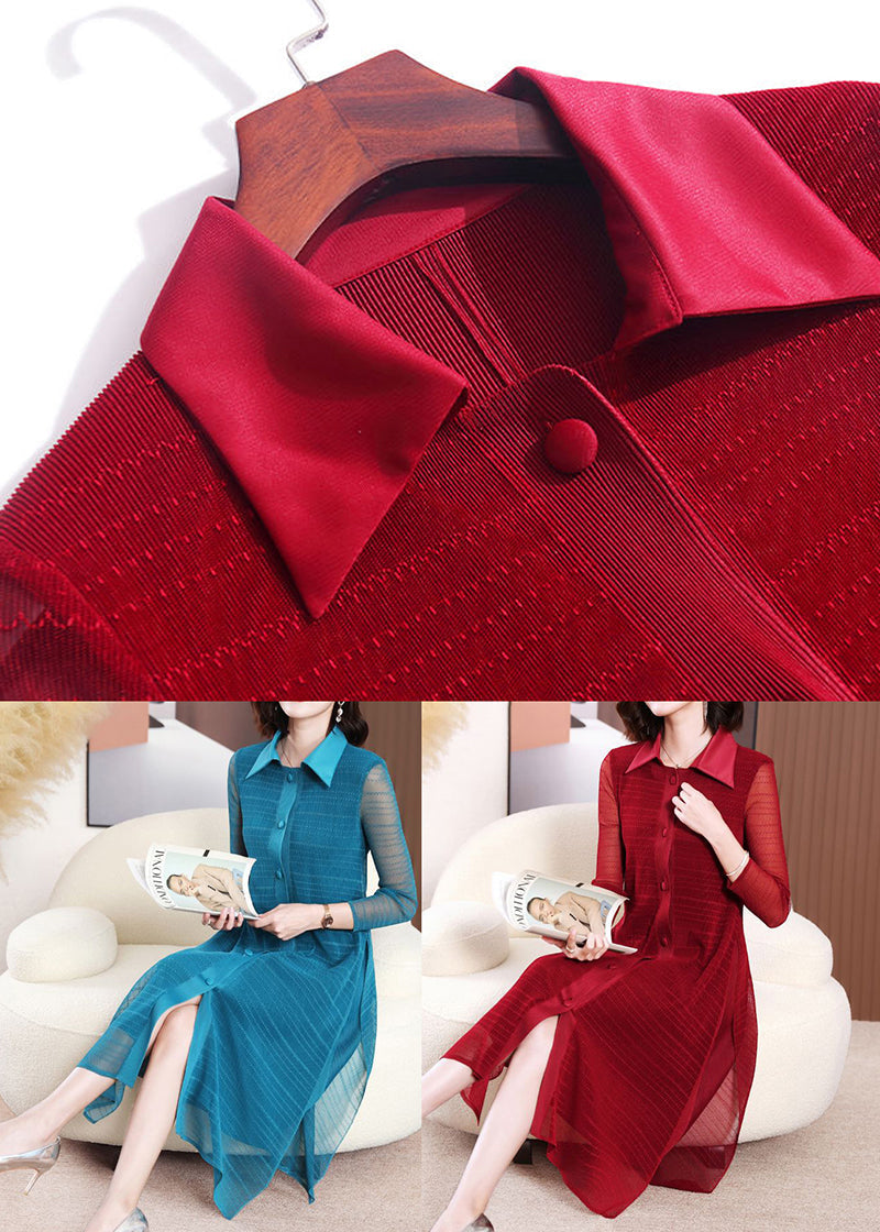 Peacock Blue Slim Fit Shirt Dress Turn-down Collar Button Summer LY2732 - fabuloryshop