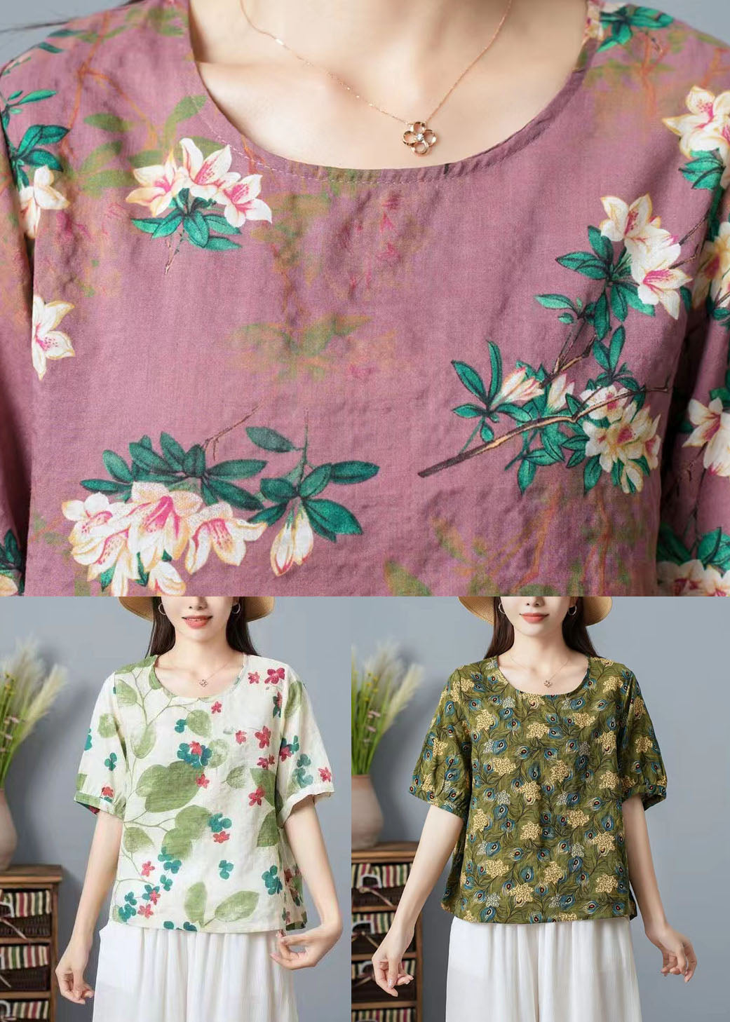 Pink Print Patchwork Cotton T Shirt Top O Neck Wrinkled Summer LY6954 Ada Fashion