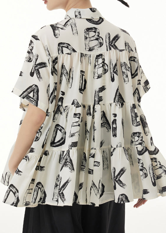 Plus Size Beige Peter Pan Collar Print Wrinkled Patchwork Silk Shirts Summer Ada Fashion