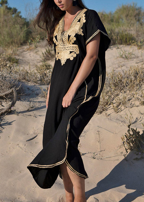 Plus Size Black Embroidered Kaftan Tunic Maxi Beach Dress Short Sleeve LY3016 - fabuloryshop