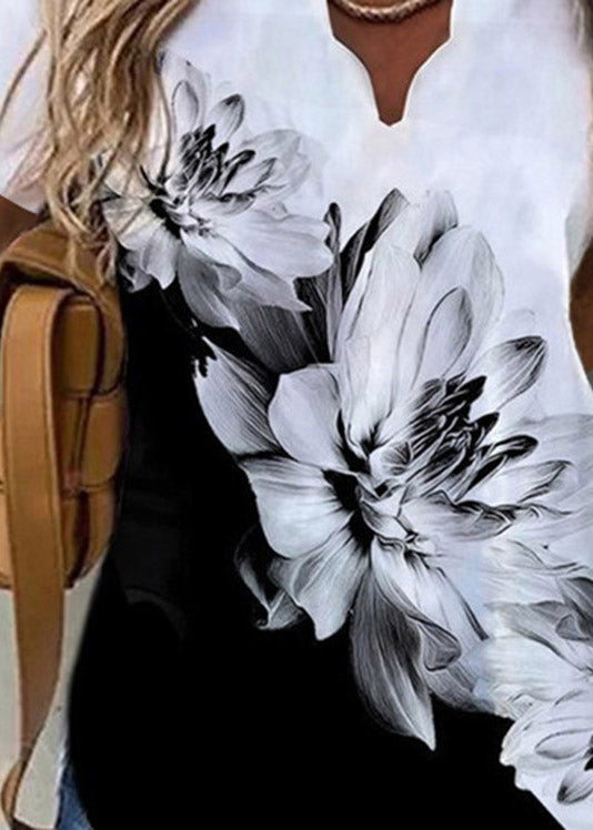 Plus Size Black Floral V Neck Print T Shirt Short Sleeve LY3877 - fabuloryshop