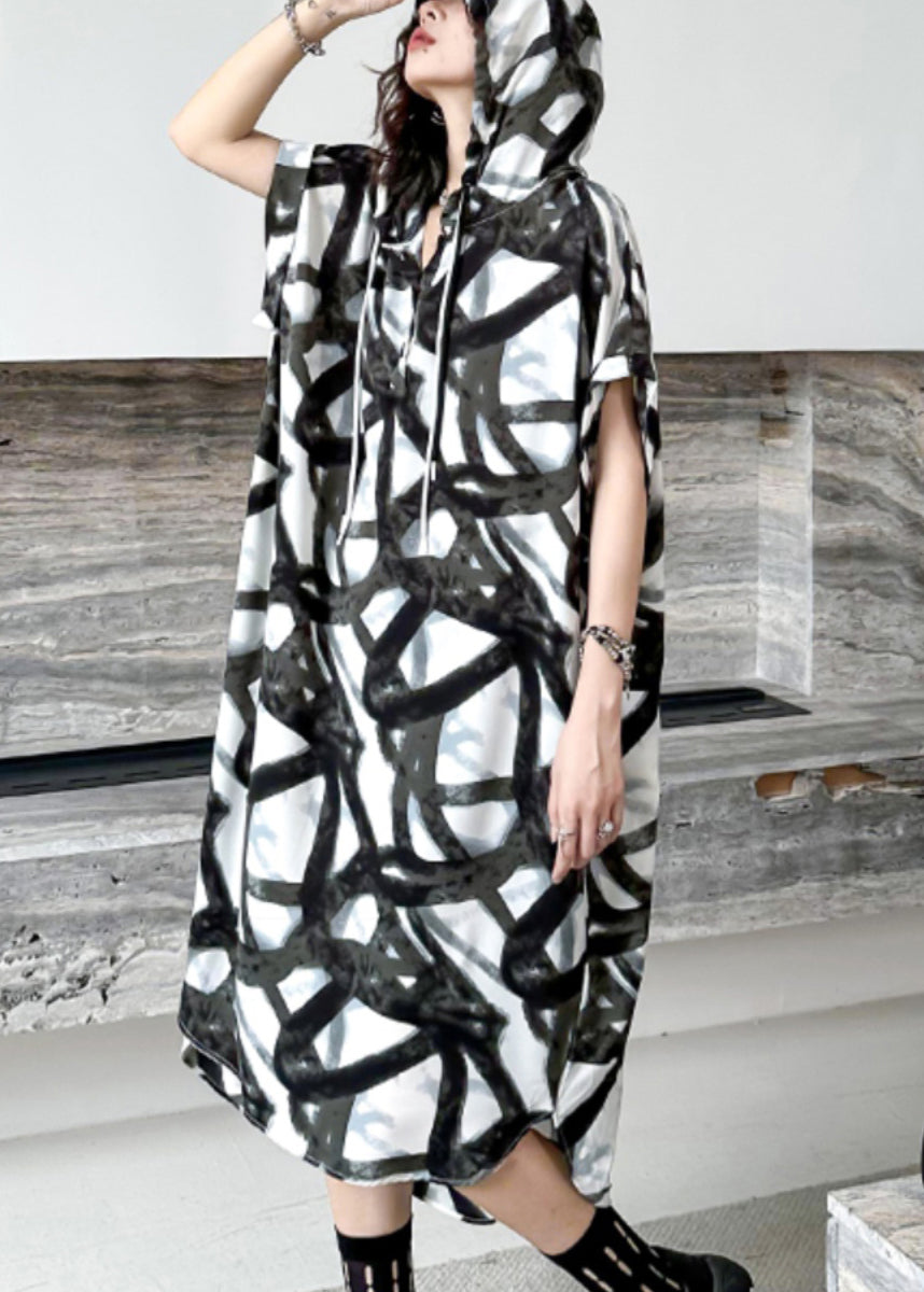 Plus Size Black Hooded Print Patchwork Silk Cotton Long Dress Summer Ada Fashion