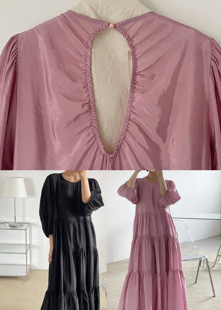 Plus Size Black O-Neck Patchwork Backless Cotton Maxi Dress Bracelet Sleeve LY1327 - fabuloryshop