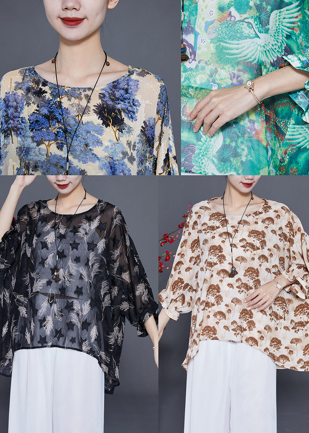 Plus Size Black O-Neck Print Silk UPF 50+ Top Bracelet Sleeve LY3680 - fabuloryshop