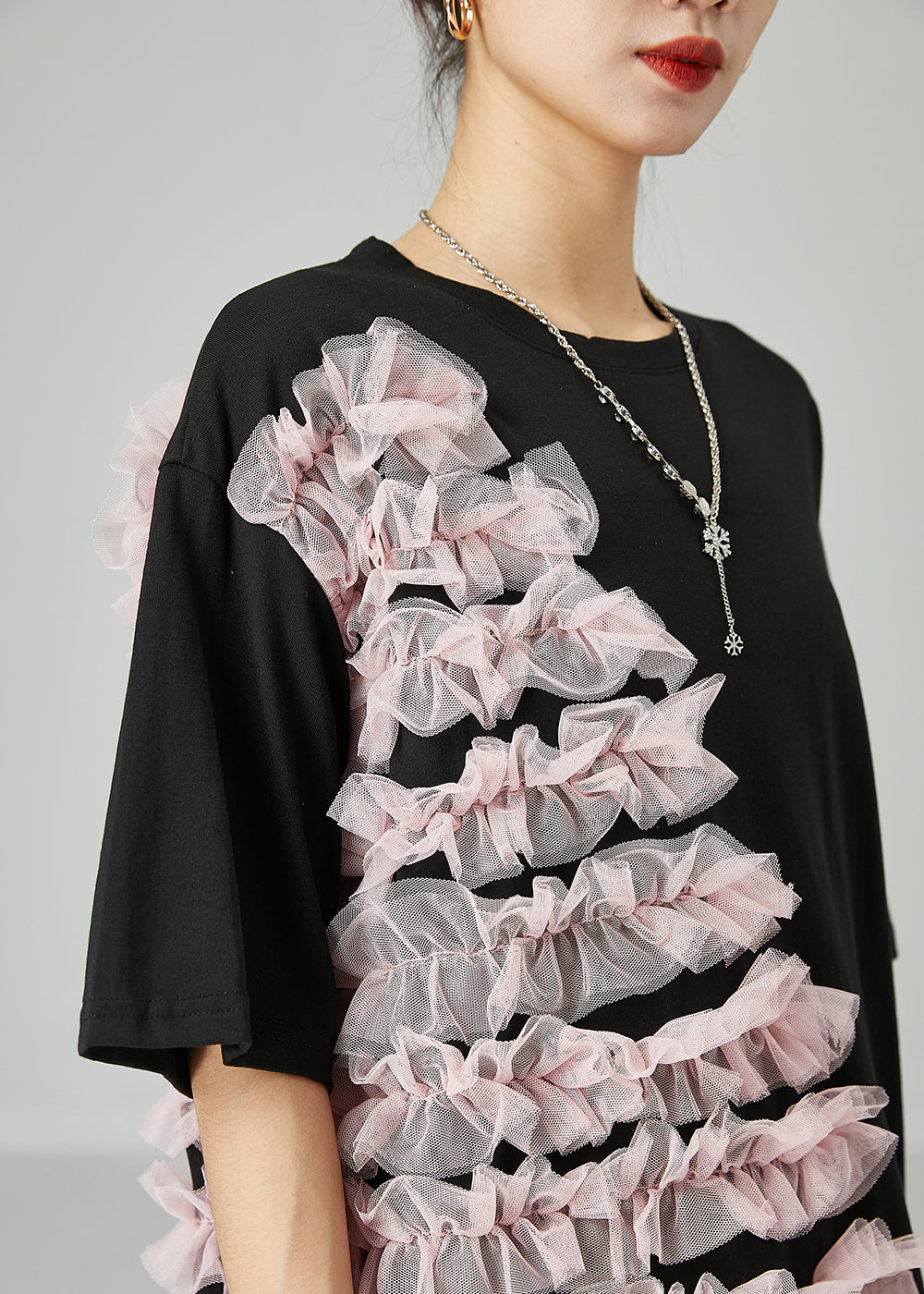 Plus Size Black Oversized Patchwork Ruffled Cotton Top Summer LY2456 - fabuloryshop