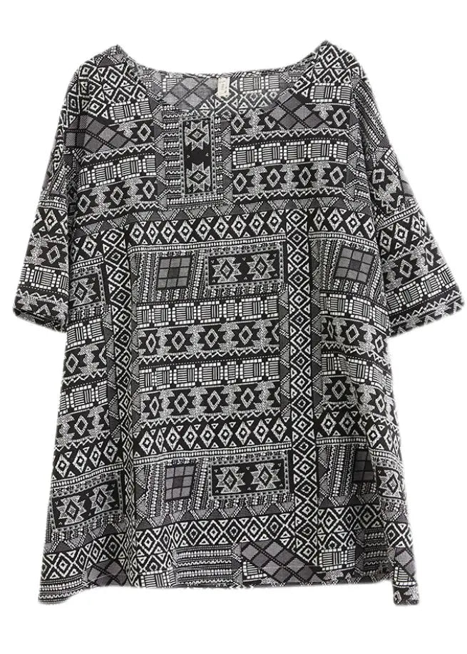 Plus Size Black Oversized Print Linen Tanks Half Sleeve Ada Fashion