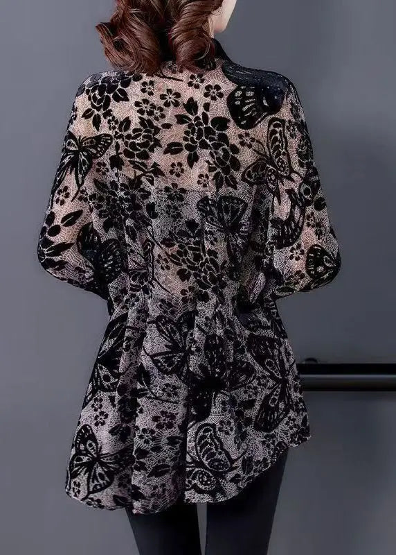 Plus Size Black Peter Pan Collar Print Patchwork Velour Shirts Tops Fall Ada Fashion