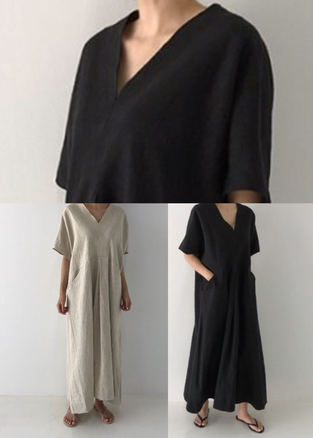 Plus Size Black V Neck Oversized Linen Long Dress Short Sleeve LY1328 - fabuloryshop