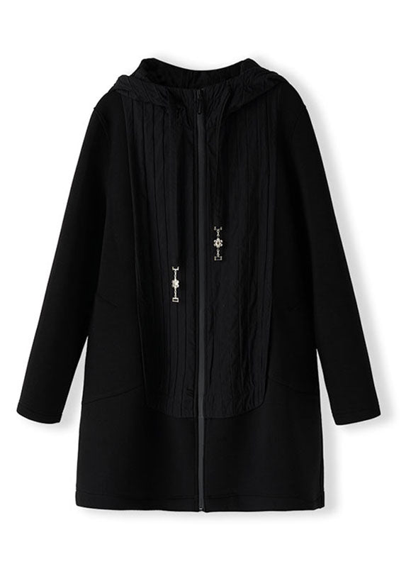 Plus Size Black Zippered Patchwork Thick Hoodies Coats Fall Ada Fashion