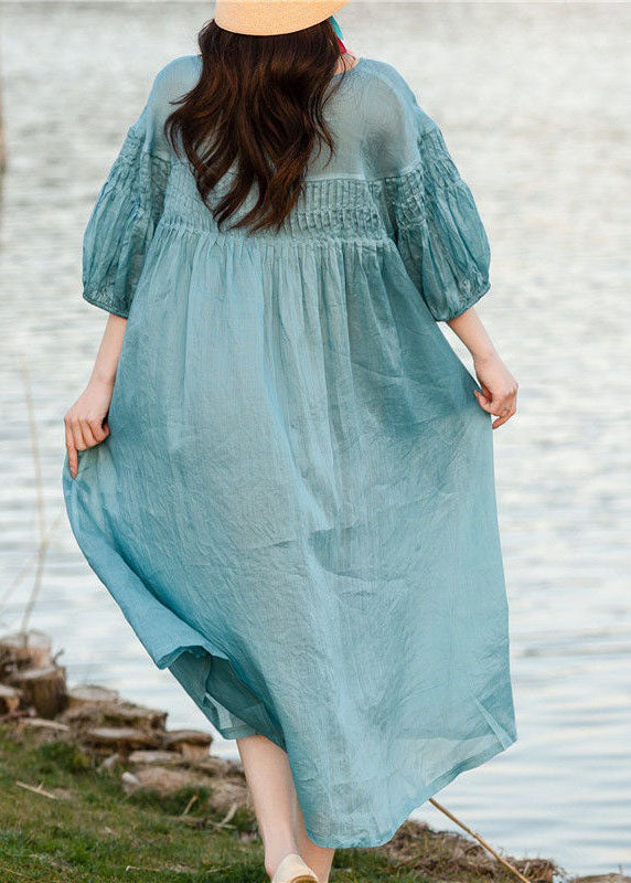 Plus Size Blue O Neck Wrinkled Patchwork Linen Dresses Summer LY2513 - fabuloryshop