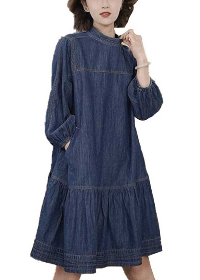 Plus Size Blue Patchwork Wrinkled Denim Mid Dresses Long Sleeve LY4430 - fabuloryshop