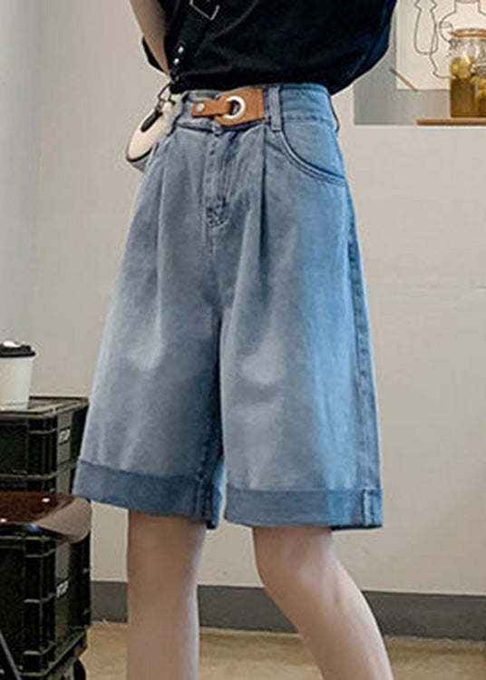 Plus Size Blue Pockets Patchwork Sashes Shorts Summer LY5246 - fabuloryshop