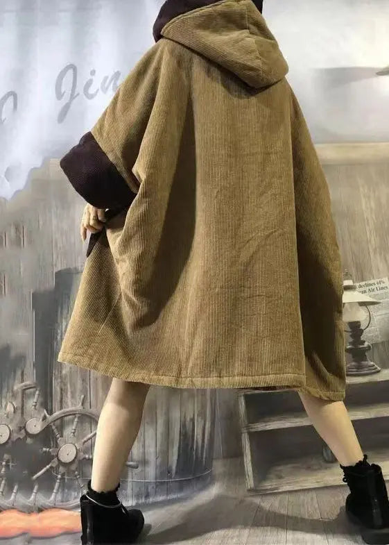 Plus Size Camel Hooded Pockets Patchwork Corduroy Warm Fleece Coat Winter Ada Fashion